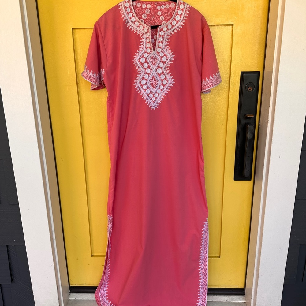 Embroidered Cotton Pink Kaftan Dress, Vintage